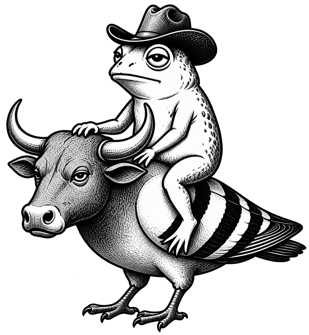 A cowboy frog calmly riding a bull-headed pigeon